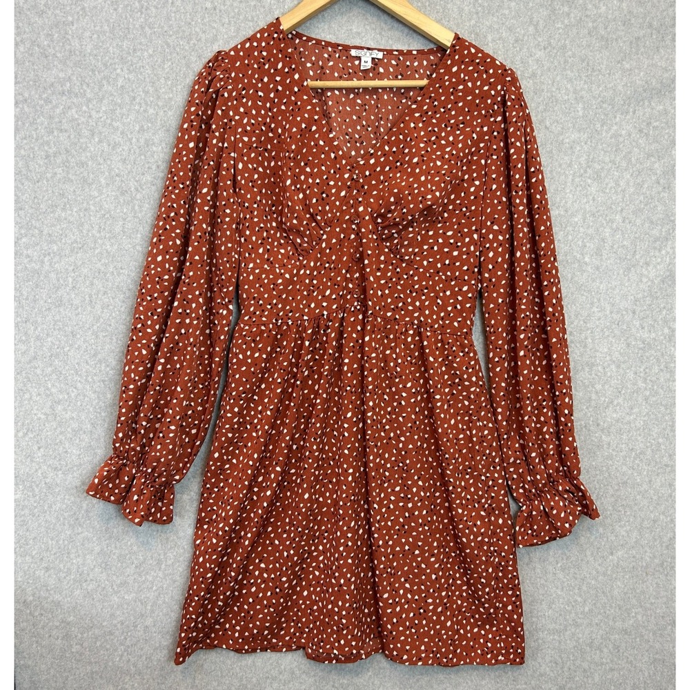 SIGNIFY Mini Dress Rust Brown Abstract Print Long Sleeve Autumn Boho Size Medium